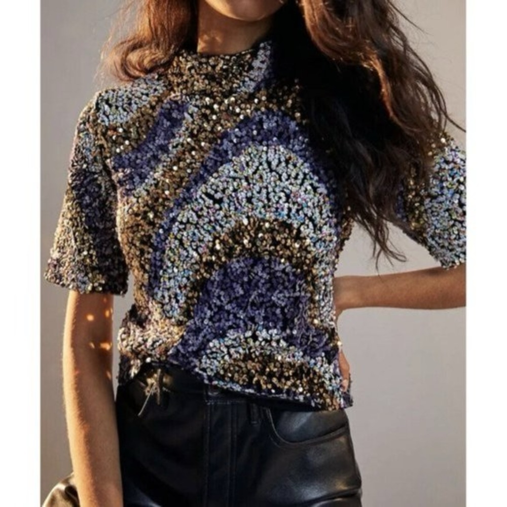 Anthropologie Maeve Mirabella Sequined Mock Neck Blouse Top Size XS